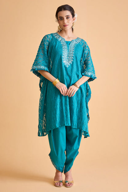 dhartii  Turquoise Blue Embroidered Kaftan Set