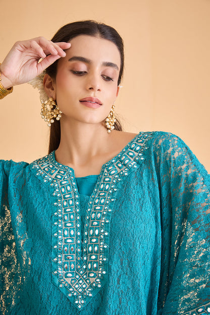 dhartii  Turquoise Blue Embroidered Kaftan Set
