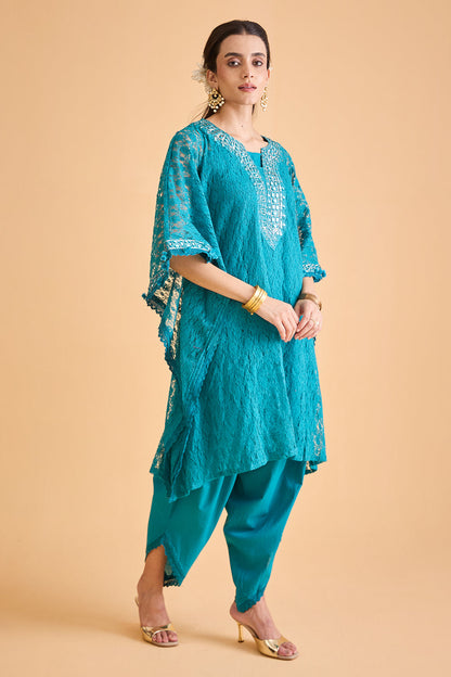 dhartii  Turquoise Blue Embroidered Kaftan Set