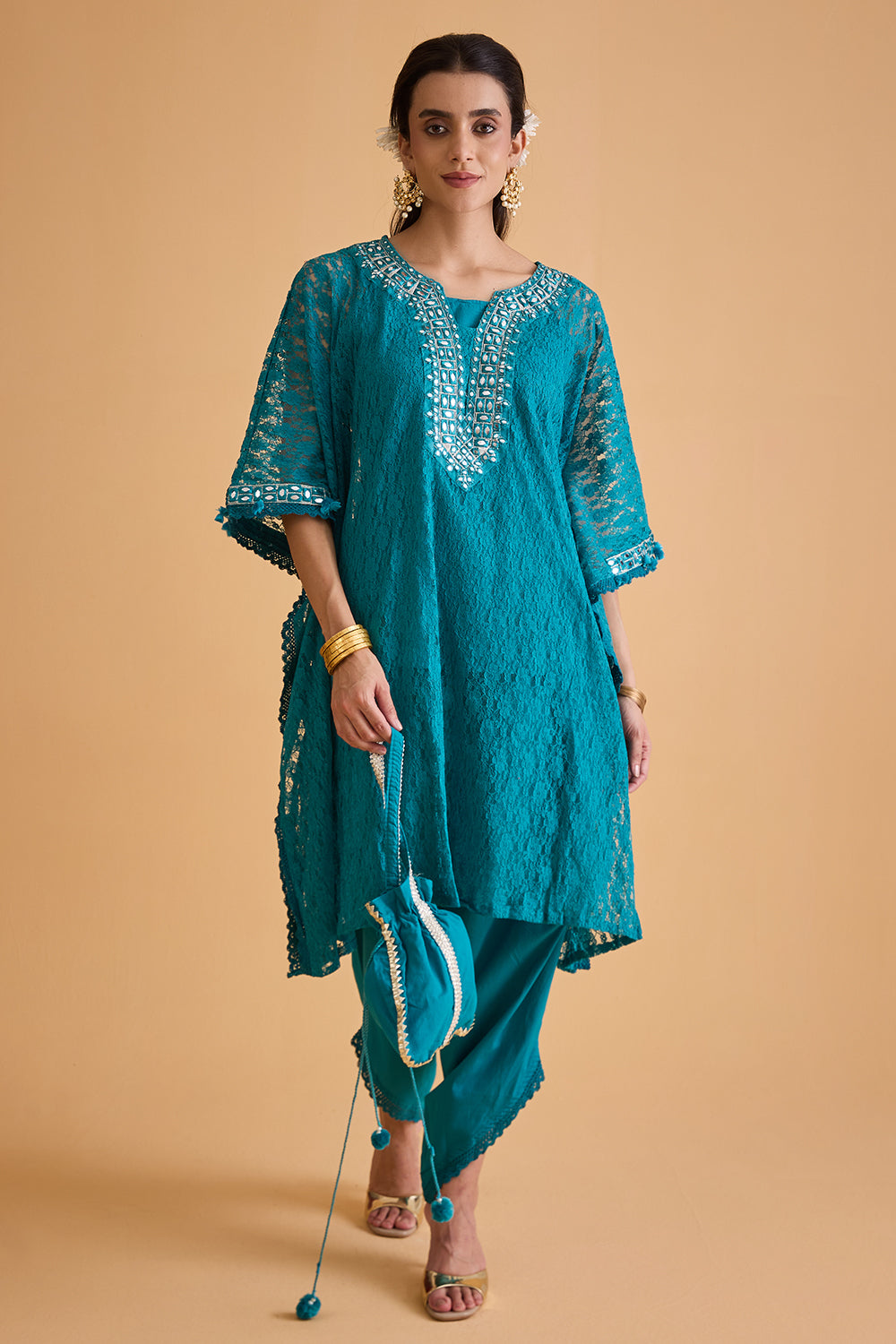 dhartii  Turquoise Blue Embroidered Kaftan Set
