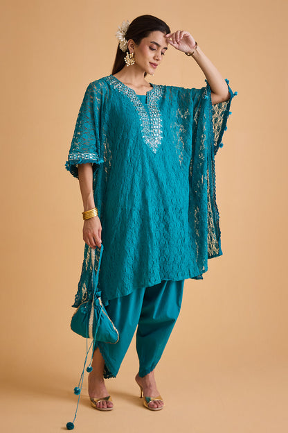 dhartii  Turquoise Blue Embroidered Kaftan Set