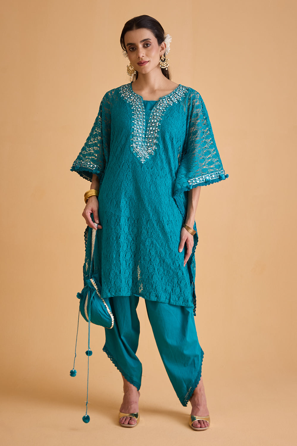 dhartii  Turquoise Blue Embroidered Kaftan Set