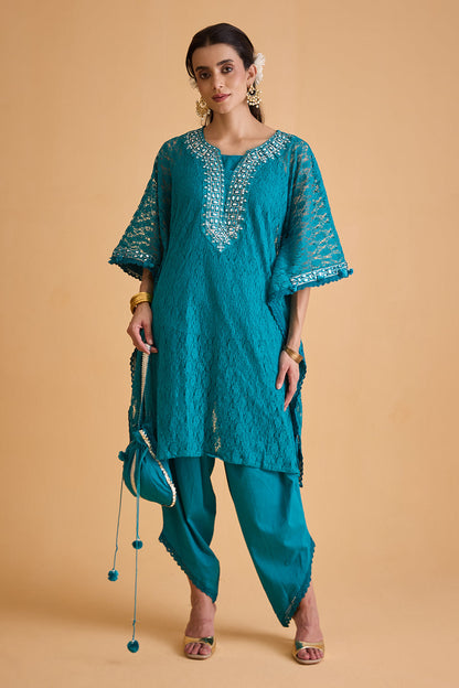 dhartii  Turquoise Blue Embroidered Kaftan Set