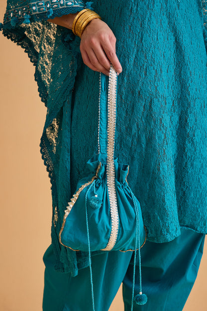 dhartii  Turquoise Blue Embroidered Kaftan Set