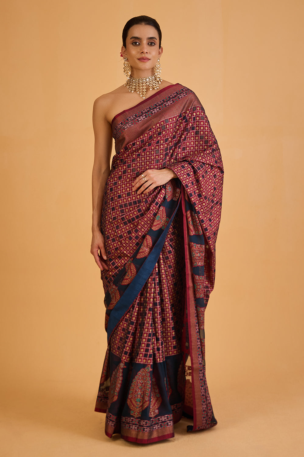 dhartii  Midnight Blue Motif Crepe Saree