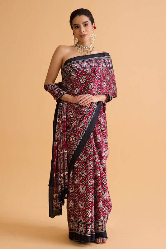 dhartii  Maroon printed Crepe Saree