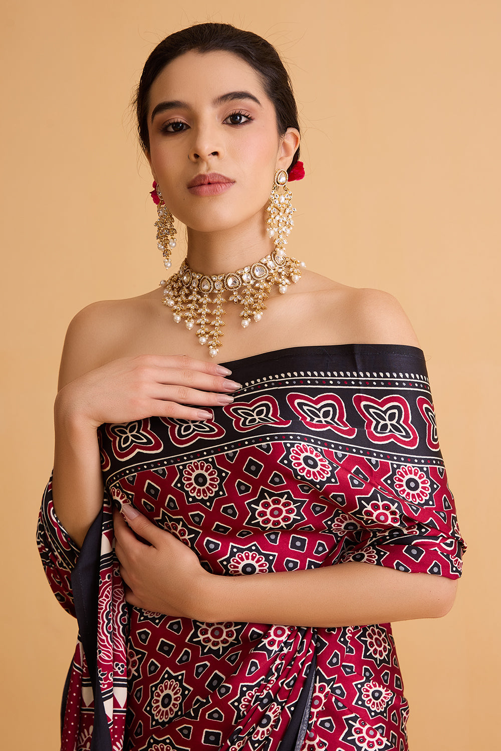 dhartii  Maroon printed Crepe Saree