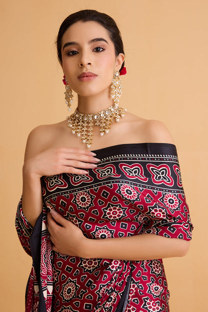 dhartii  Maroon printed Crepe Saree