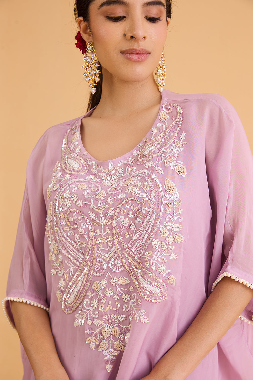 dhartii  Soft lavender Embroidered Crepe Kaftan Set
