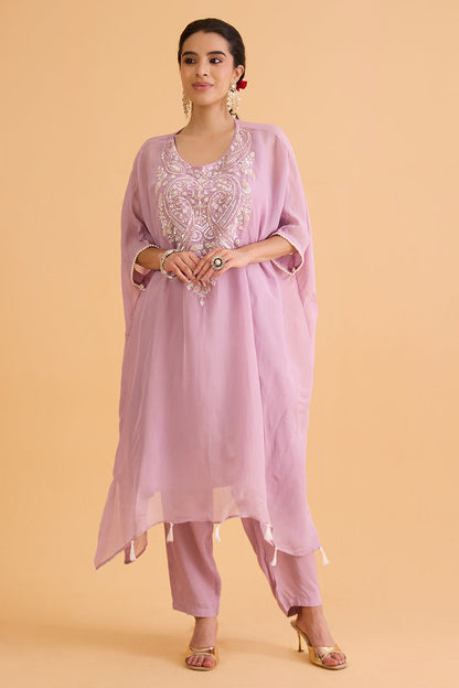 dhartii  Soft lavender Embroidered Crepe Kaftan Set