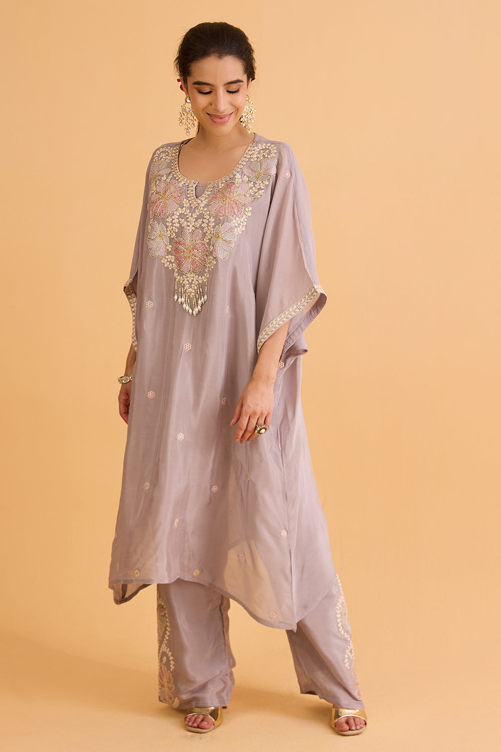 dhartii  Soft Elegant Grey Embroidered Chinon Co-Ord Set
