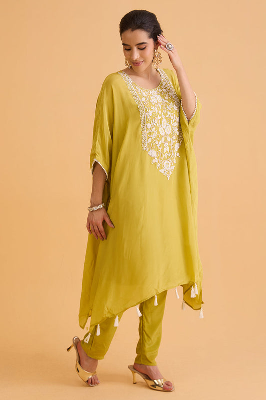 dhartii  Yellow Embroidered Natural Crepe Kaftan Set