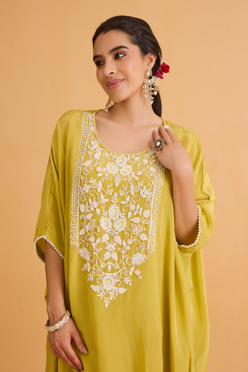 dhartii  Yellow Embroidered Natural Crepe Kaftan Set