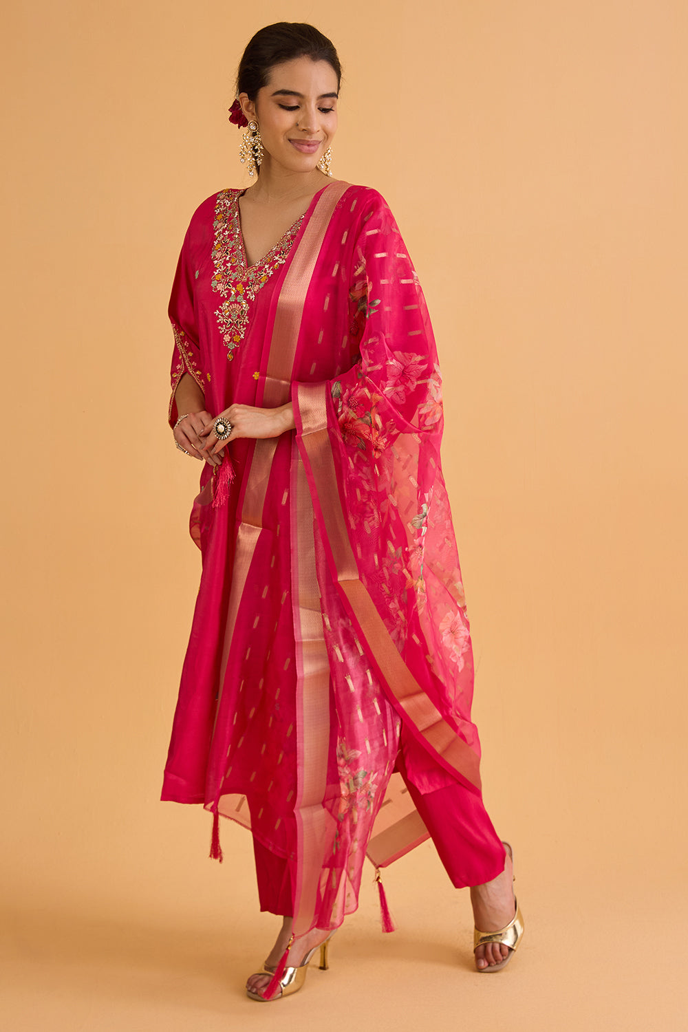 dhartii  metallic Pink Embroidered Silk Tissue Kurta Set