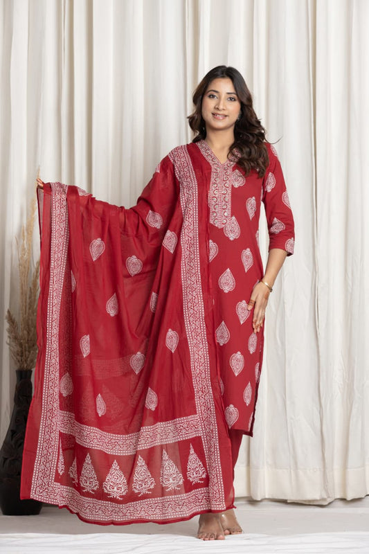 Elegant red cotton suit set with bright prints for women