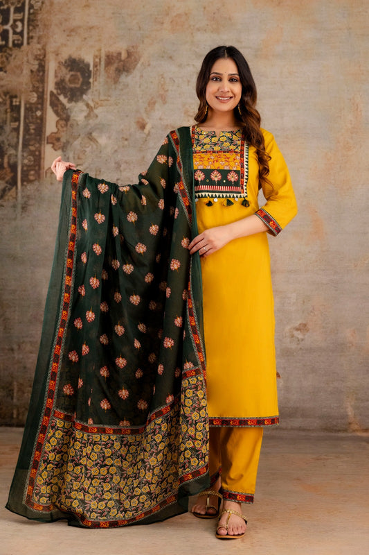 Traditional Jaipuri printed yellow and green  cotton suit set for stylish women