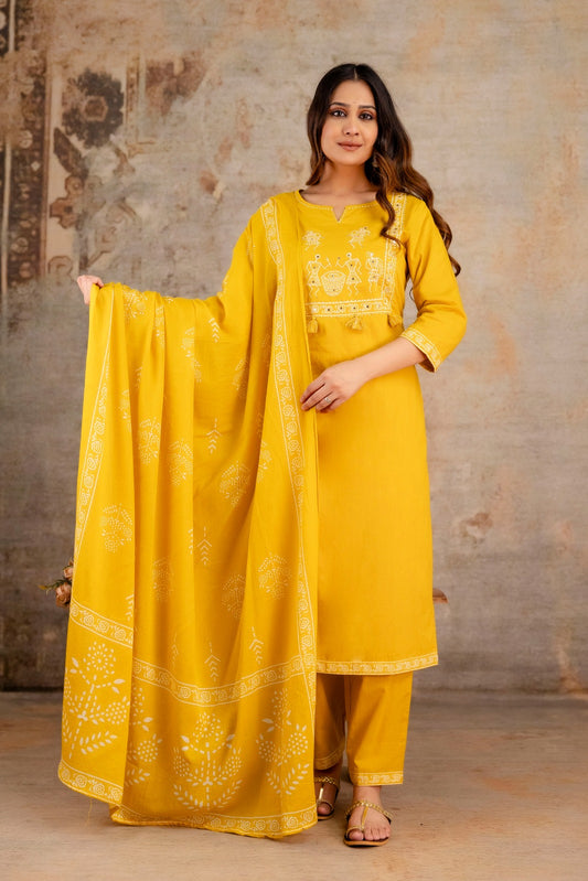 Traditional Jaipuri printed yellow cotton suit set for stylish women