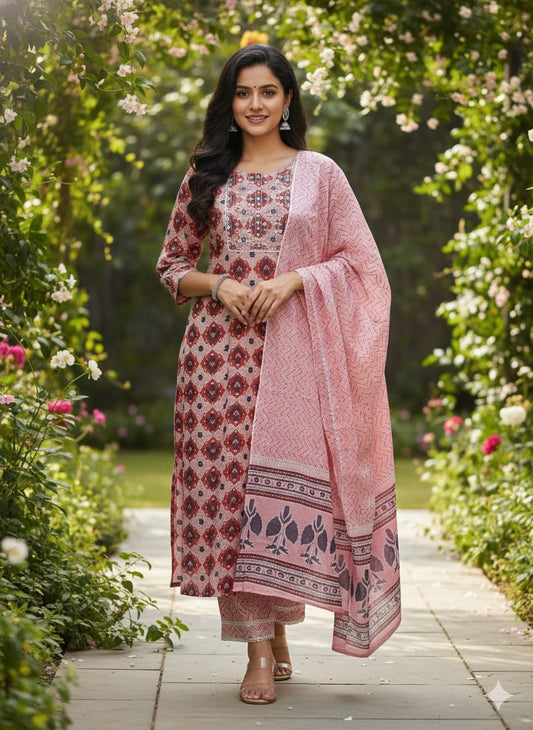 Elegant Pink color cotton suit set with printed Dupatta
