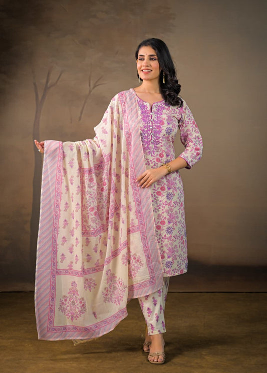 Women's cotton suit set in purple adorned with Kalamkari prints
