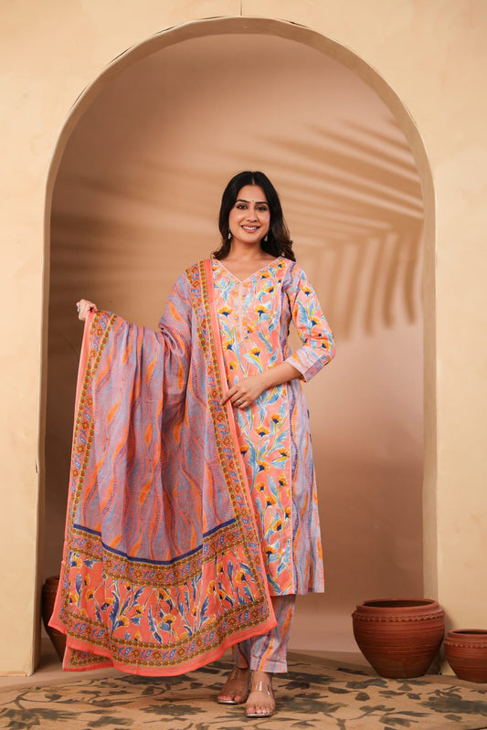 Elegant orange printed cotton suit set with everyday comfort