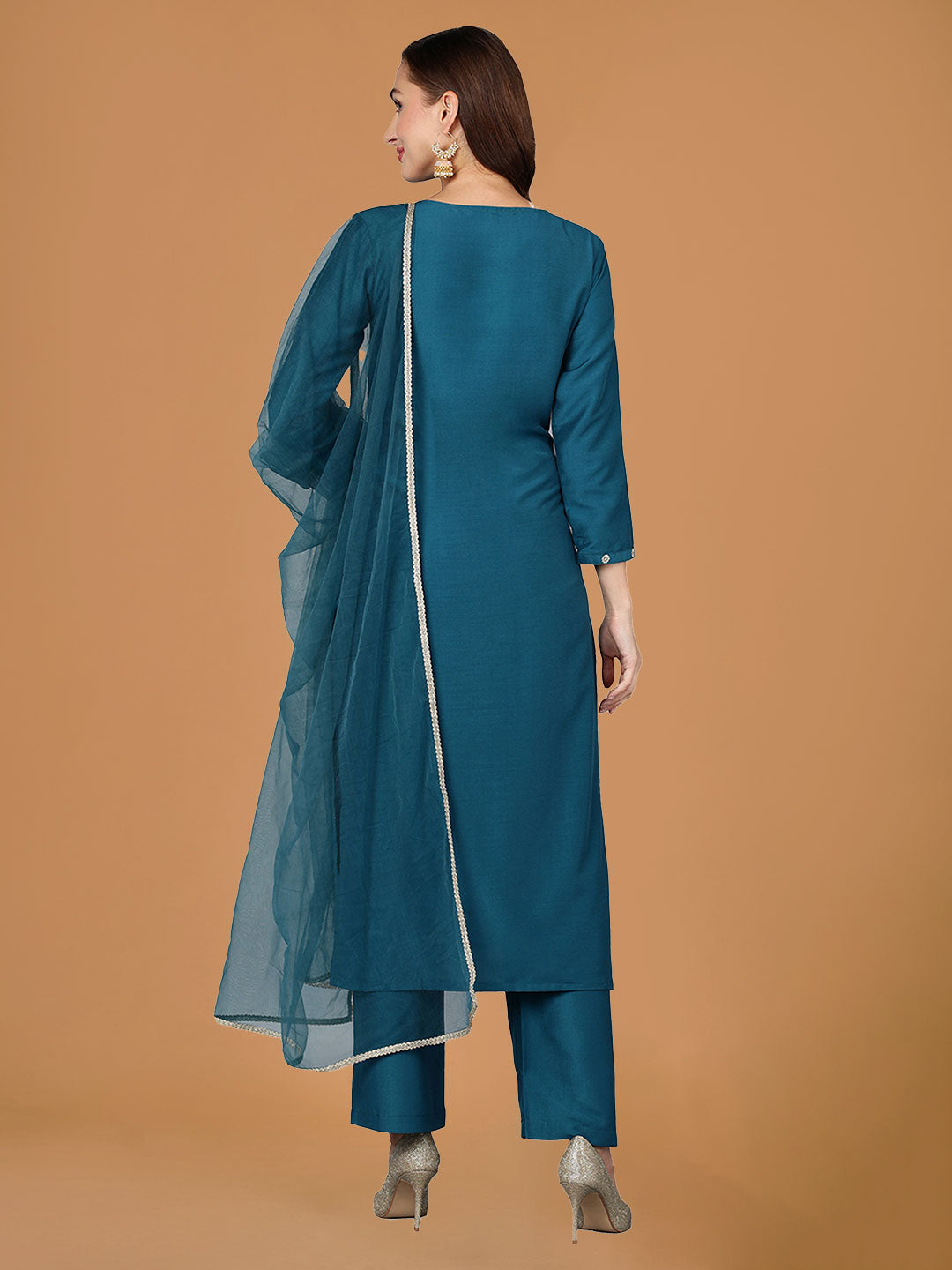 Teal Embroidered Solid Straight Suit Set