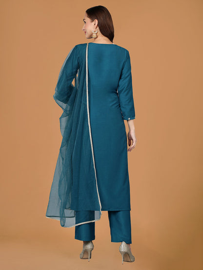 Teal Embroidered Solid Straight Suit Set