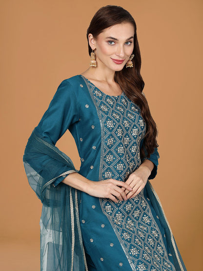 Teal Embroidered Solid Straight Suit Set