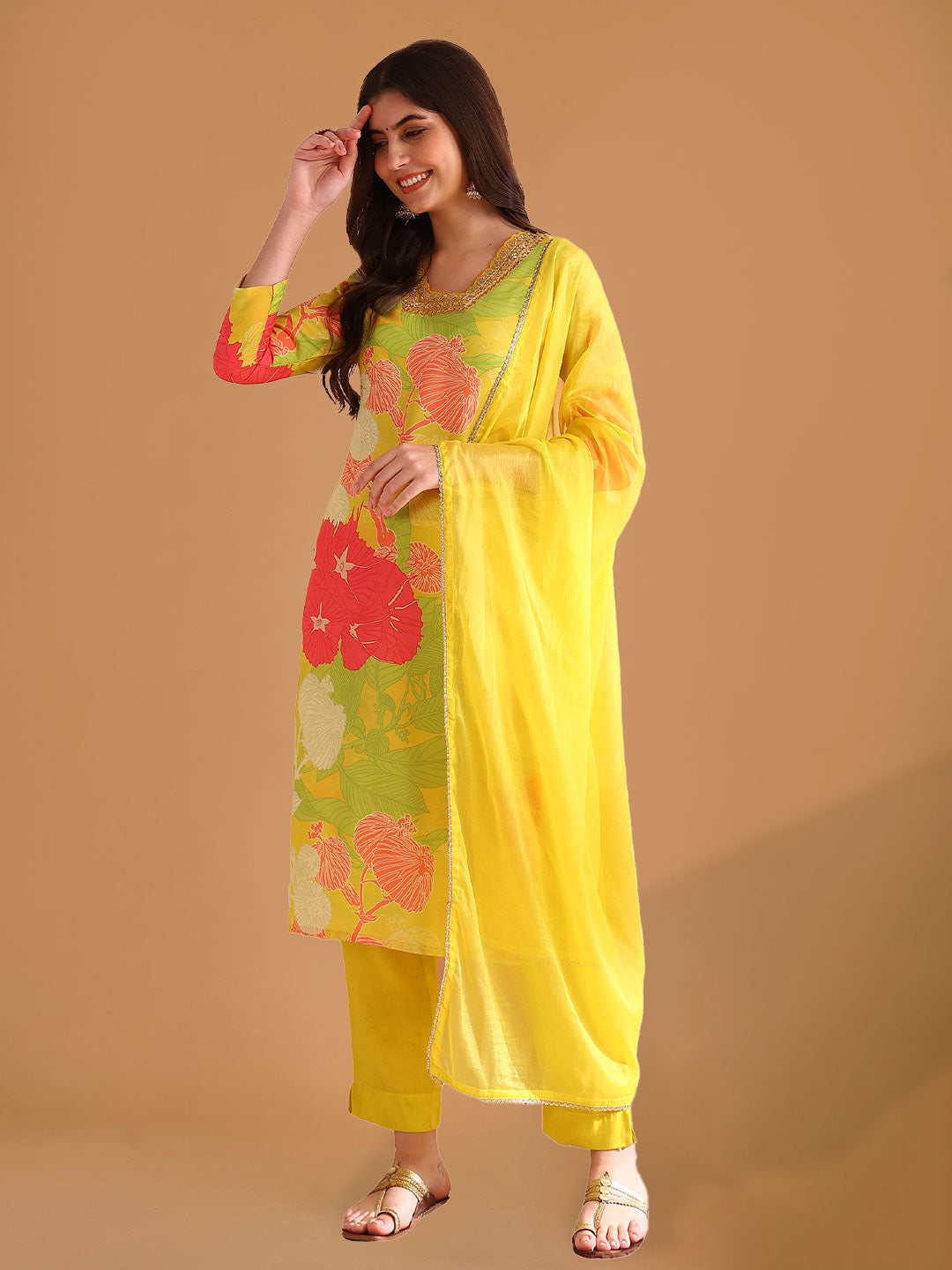 Lemon Yellow Floral Printed Straight Suit Set