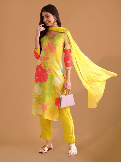 Lemon Yellow Floral Printed Straight Suit Set