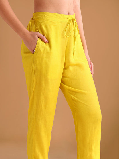 Bright Yellow Floral Printed Rayon Blend Straight Suit Set