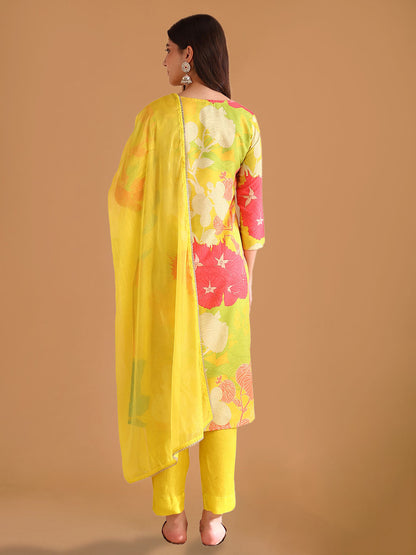 Lemon Yellow Floral Printed Straight Suit Set