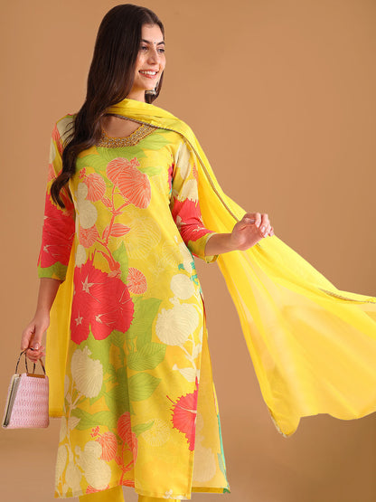 Lemon Yellow Floral Printed Straight Suit Set