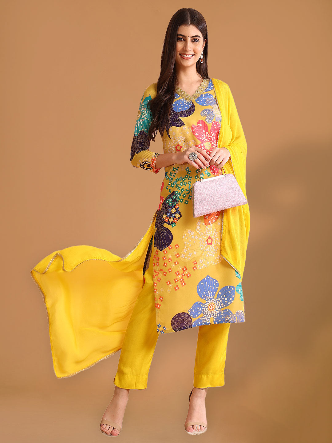 Bright Yellow Floral Printed Rayon Blend Straight Suit Set