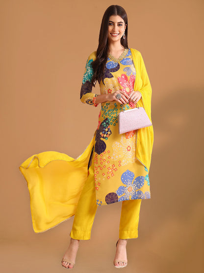 Bright Yellow Floral Printed Rayon Blend Straight Suit Set