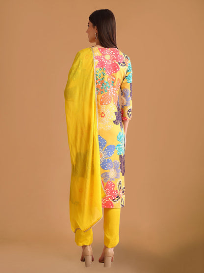 Bright Yellow Floral Printed Rayon Blend Straight Suit Set