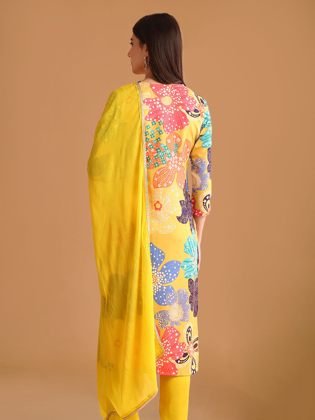 Bright Yellow Floral Printed Rayon Blend Straight Suit Set