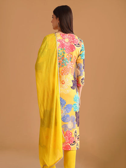 Bright Yellow Floral Printed Rayon Blend Straight Suit Set