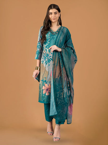 Emerald Green Floral Printed Rayon Straight Suit Set