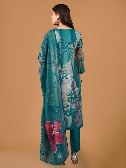 Emerald Green Floral Printed Rayon Straight Suit Set