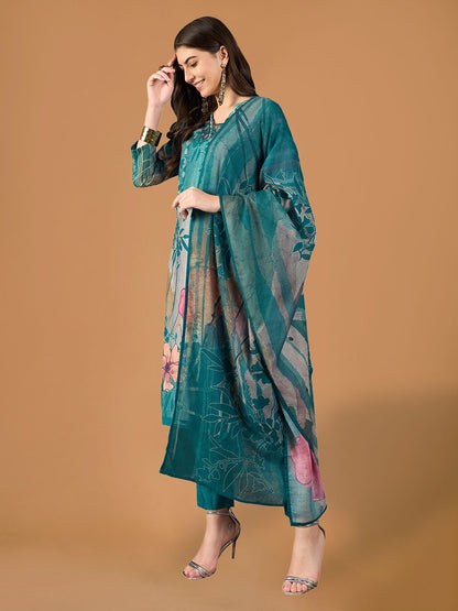 Emerald Green Floral Printed Rayon Straight Suit Set