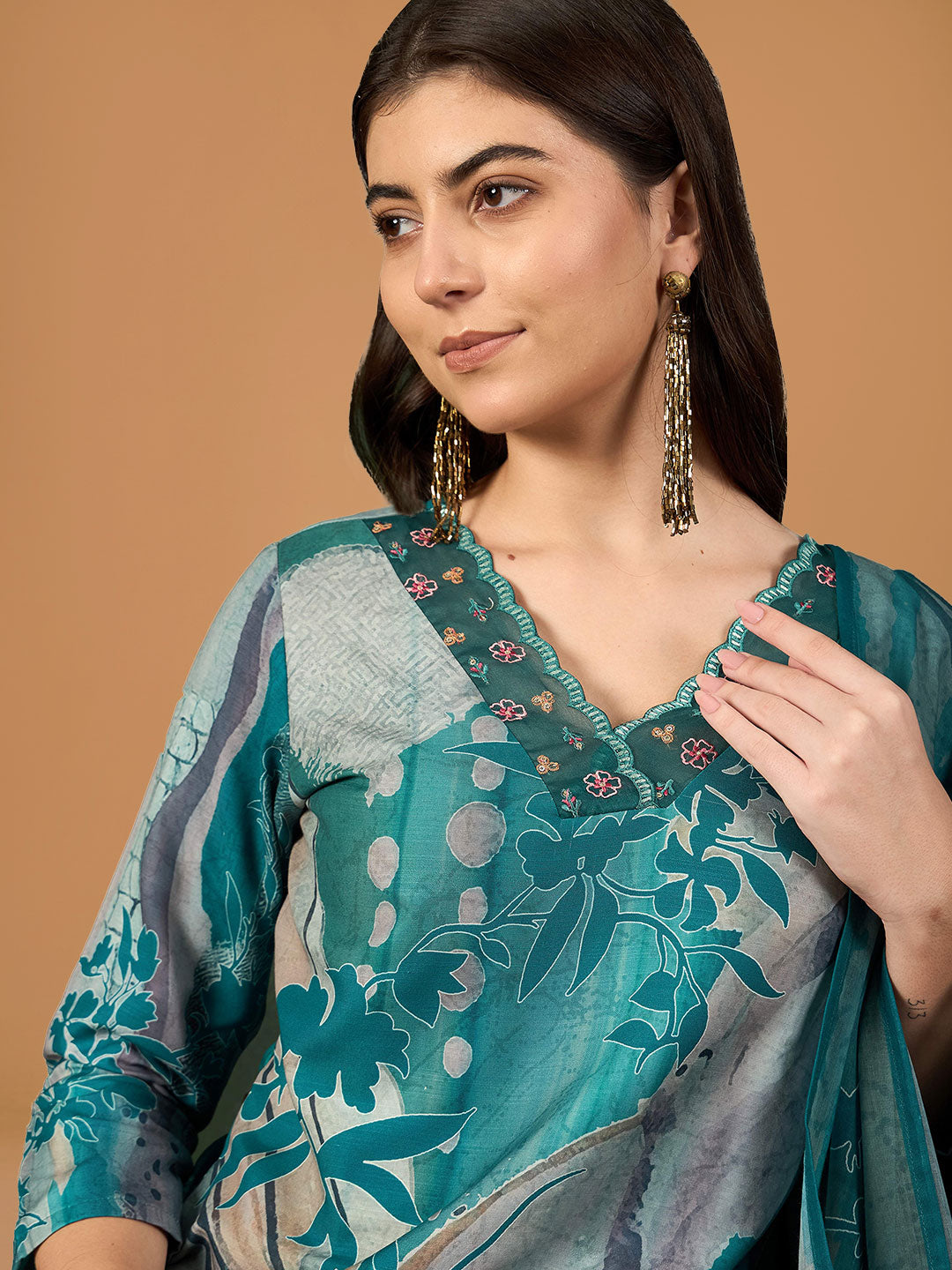 Emerald Green Floral Printed Rayon Straight Suit Set