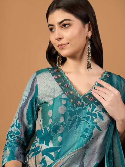 Emerald Green Floral Printed Rayon Straight Suit Set