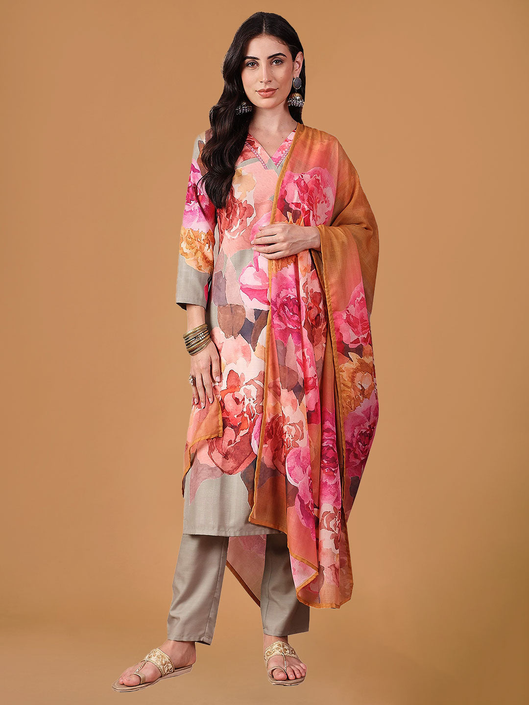 Pink Floral Printed Regular Suit Set