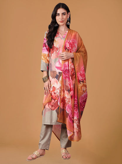 Pink Floral Printed Regular Suit Set