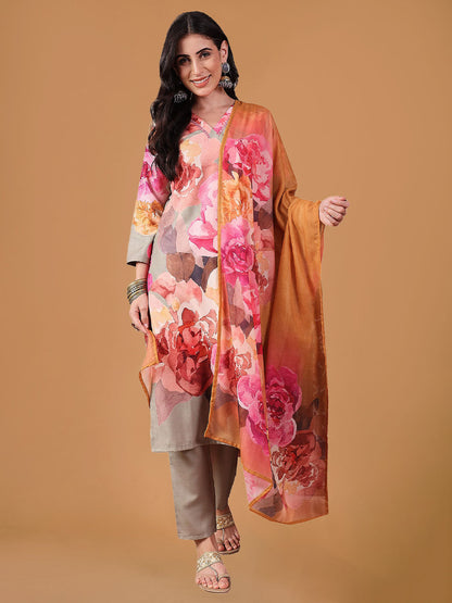 Pink Floral Printed Regular Suit Set