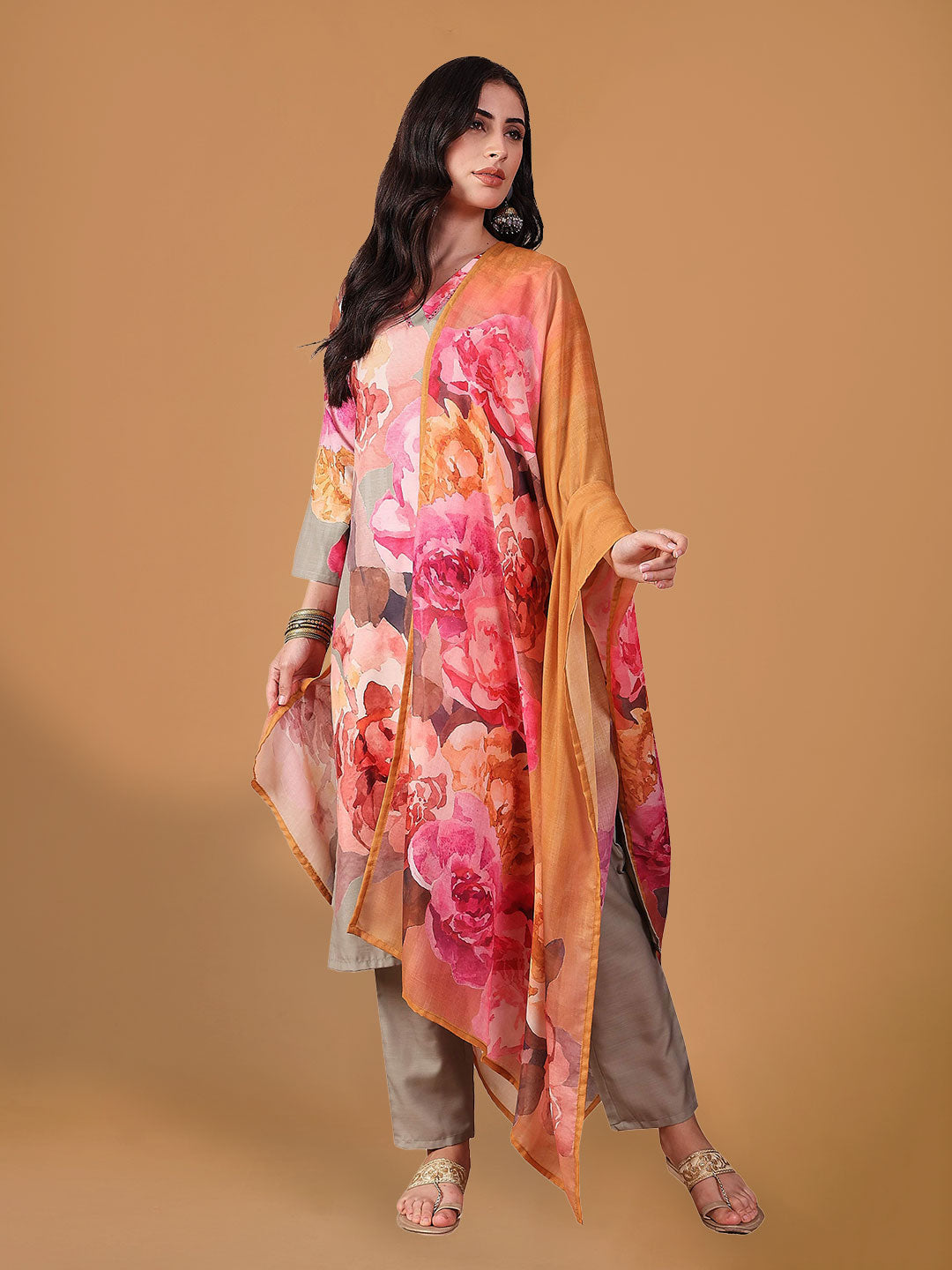 Pink Floral Printed Regular Suit Set