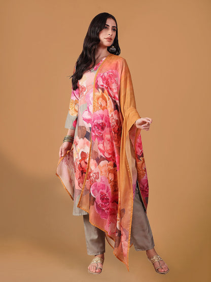 Pink Floral Printed Regular Suit Set