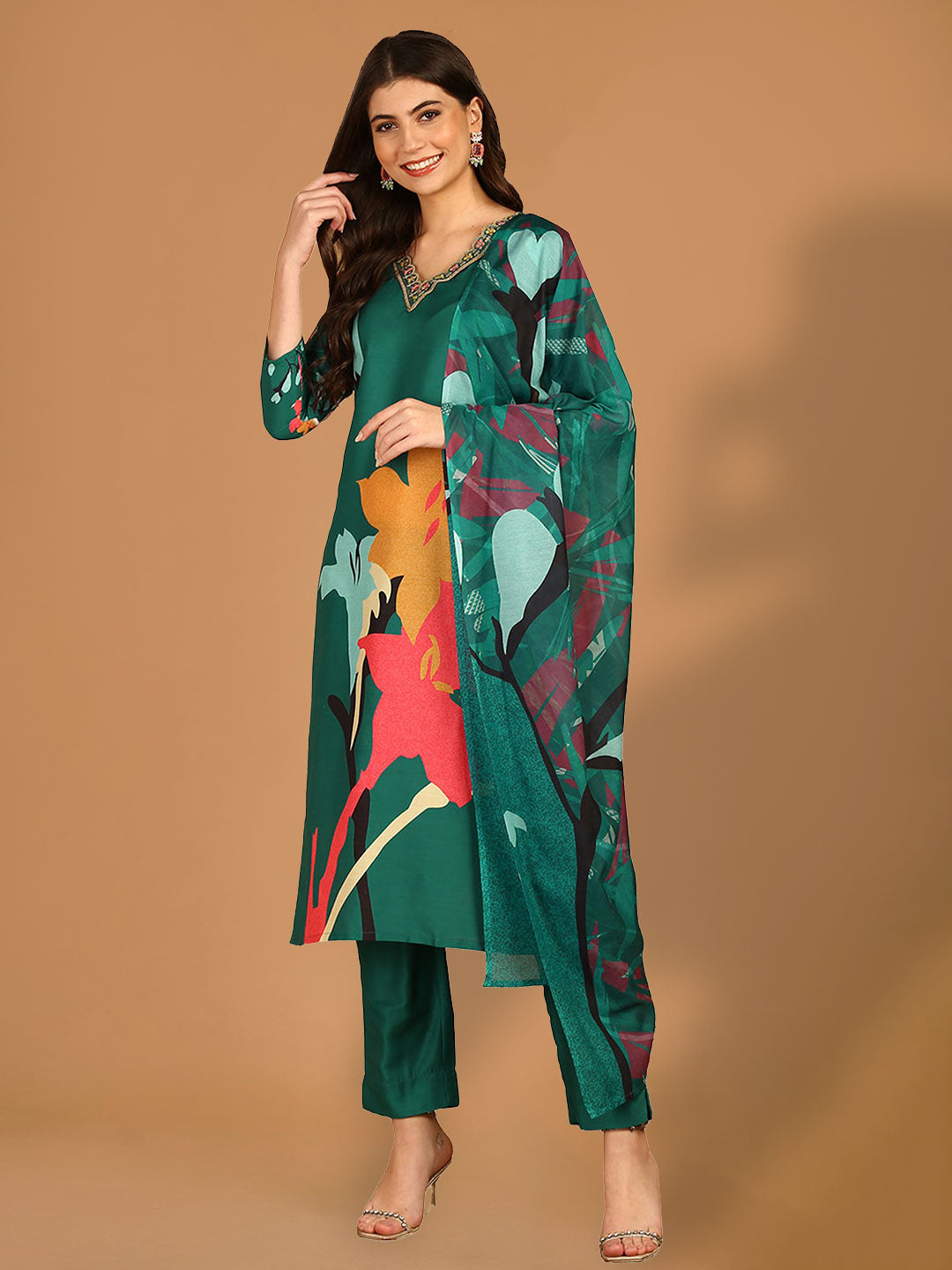 Emerald Green Floral Printed Straight Suit Set