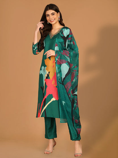 Emerald Green Floral Printed Straight Suit Set