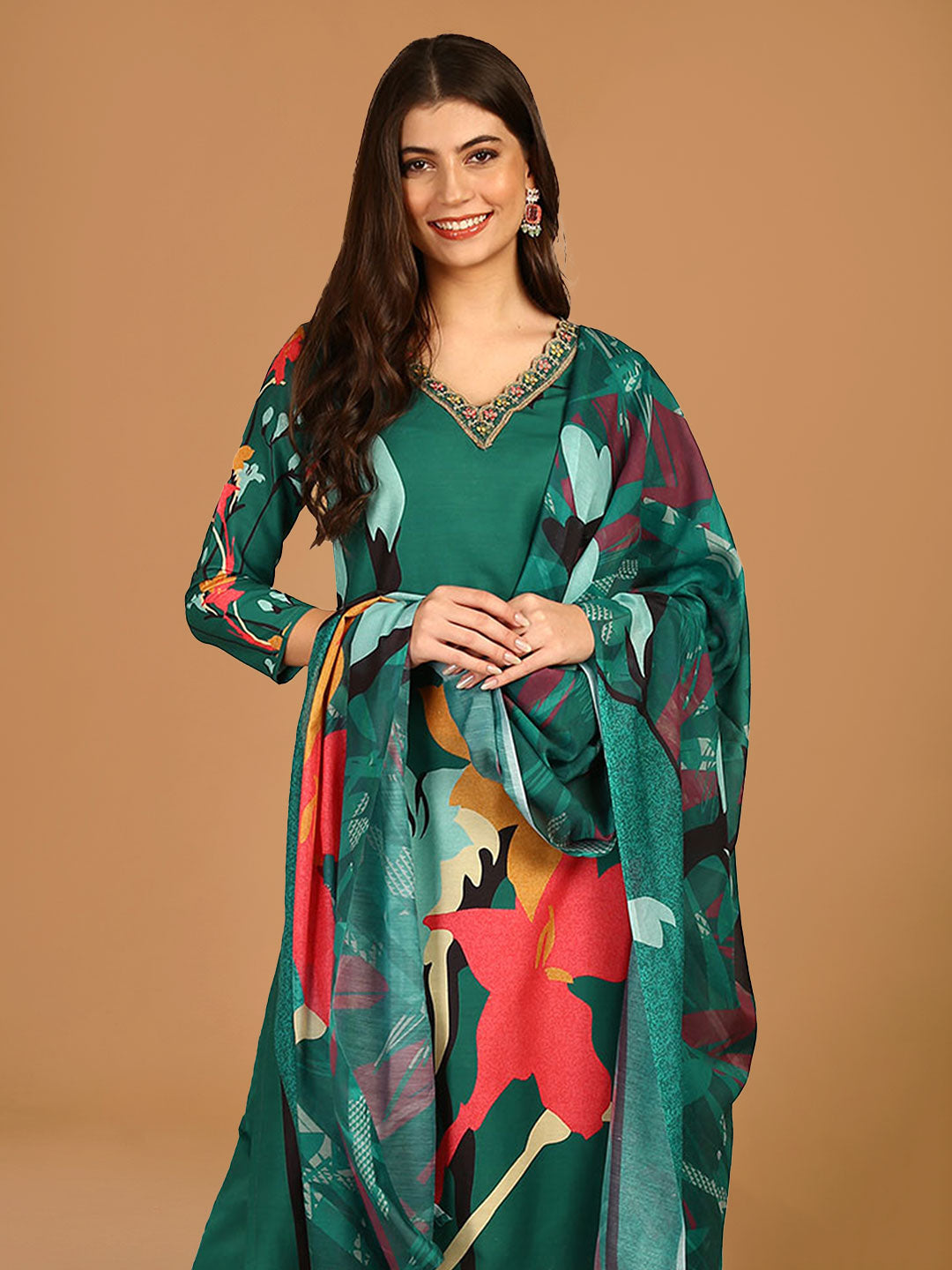 Emerald Green Floral Printed Straight Suit Set